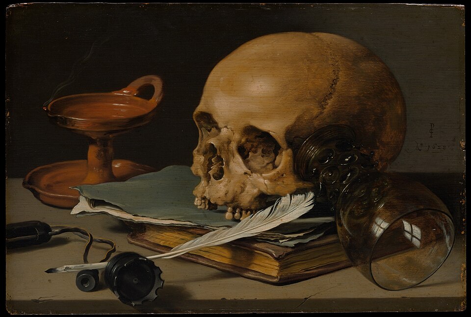 Pieter Clasz "Still Life with a Skull and a Writing Quill." I love this painting because the quill is a feather (air), there is a chalice (water), burning incense (fire) and the skull itself can be representative of the material (earth).